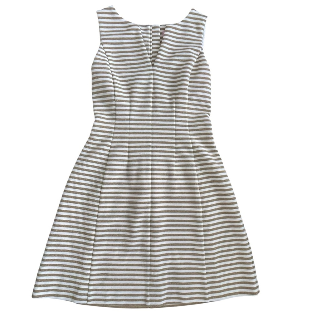 Lilly Pulitzer Cream & Gold Striped wide strap split neck tailored Mini Dress S - Picture 6 of 13